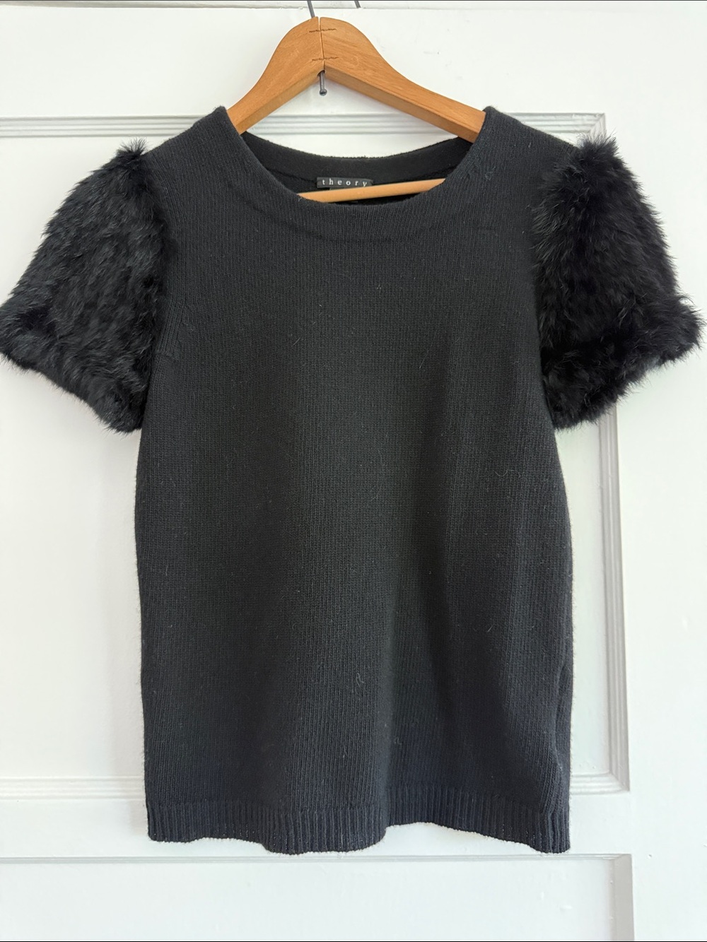 Theory Black Short-Sleeve Crewneck Sweater with Rabbit Fur Sleeves